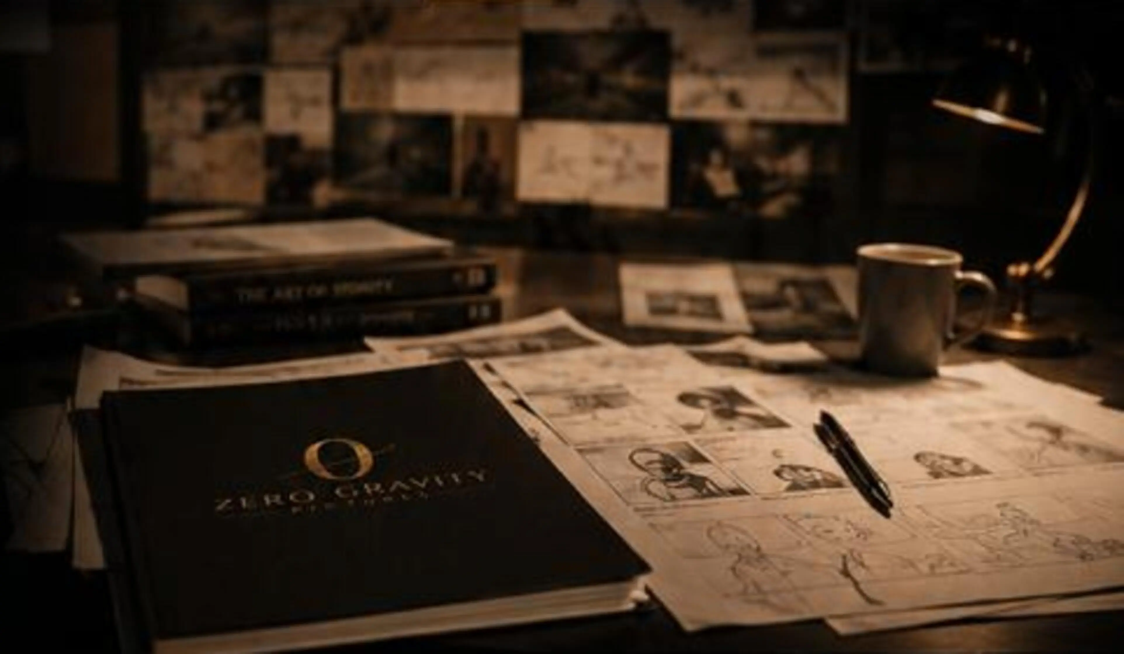 Writers’ room with storyboards and warm studio lighting
