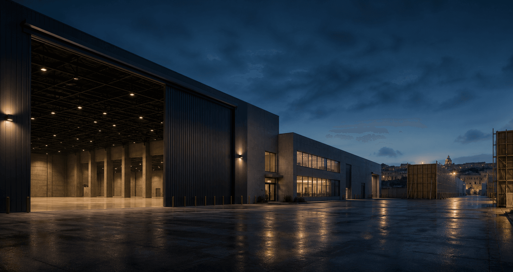 Editorial visualization of a soundstage interior for the Headquarters dossier; not documentary facility photography