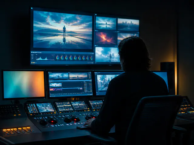 Anonymous operator working in a blue-hour cinematic post-production control room