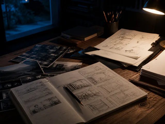 Storyboards and screenplay materials on a development desk under warm studio light