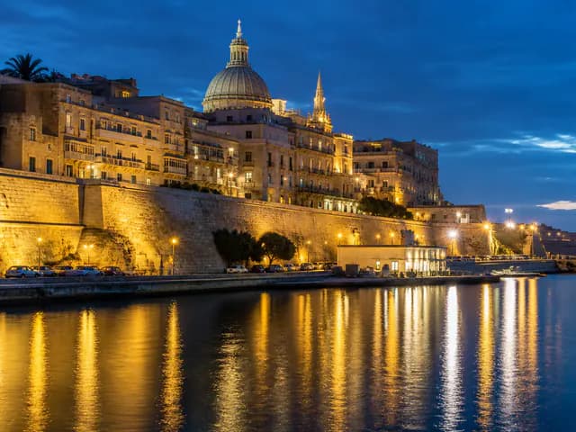 Editorial visualization of blue-hour waterfront architecture inspired by Malta