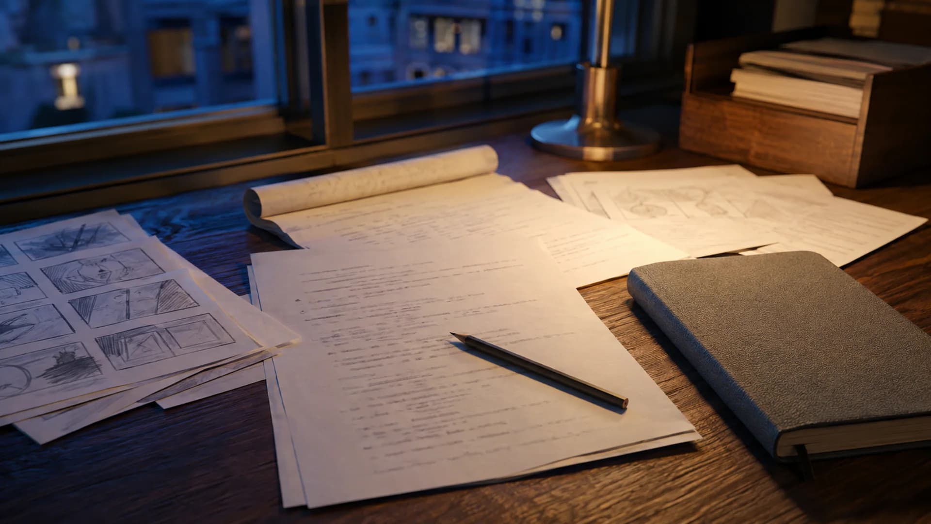 Screenplay and writing materials on a development desk