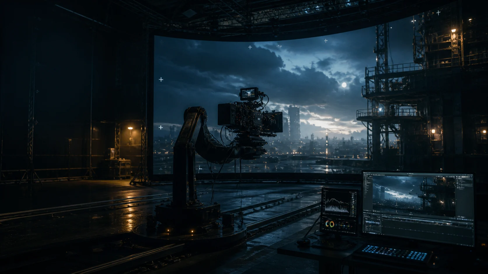 Virtual production stage connecting cinema capture, LED environments and VFX compositing