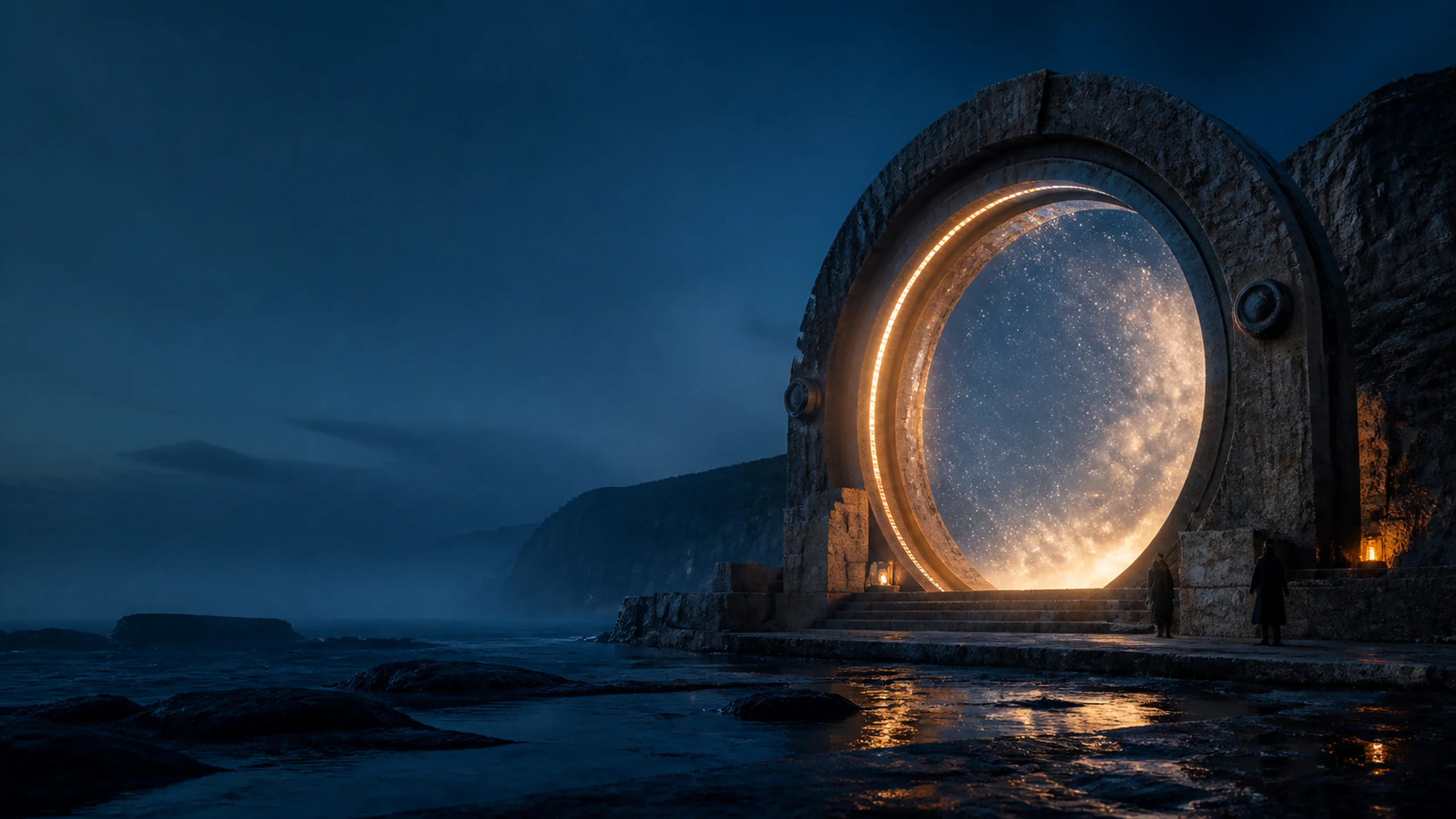Conceptual cinematic portal in a blue-hour coastal landscape