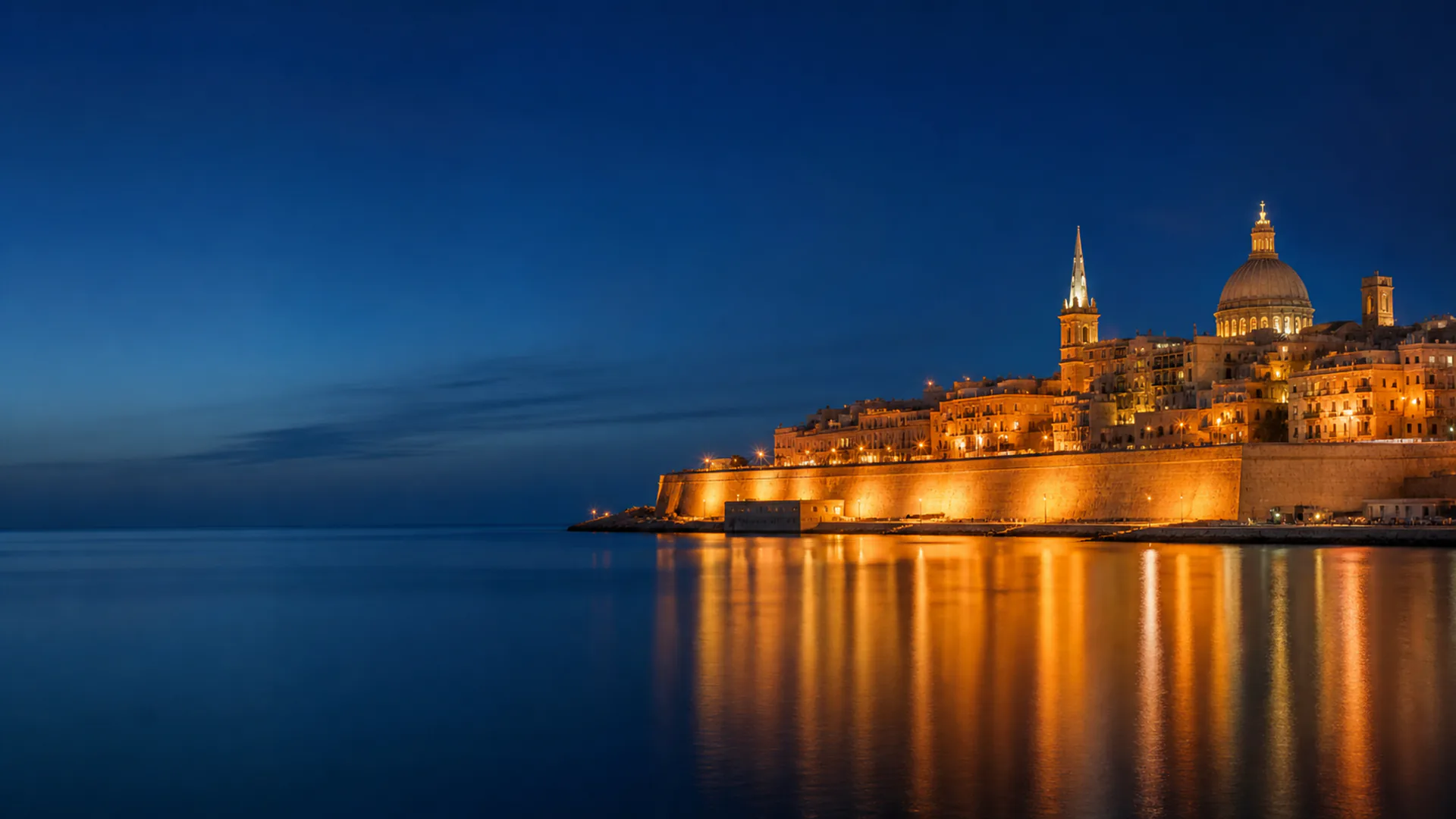 Editorial visualization of blue-hour waterfront architecture inspired by Malta