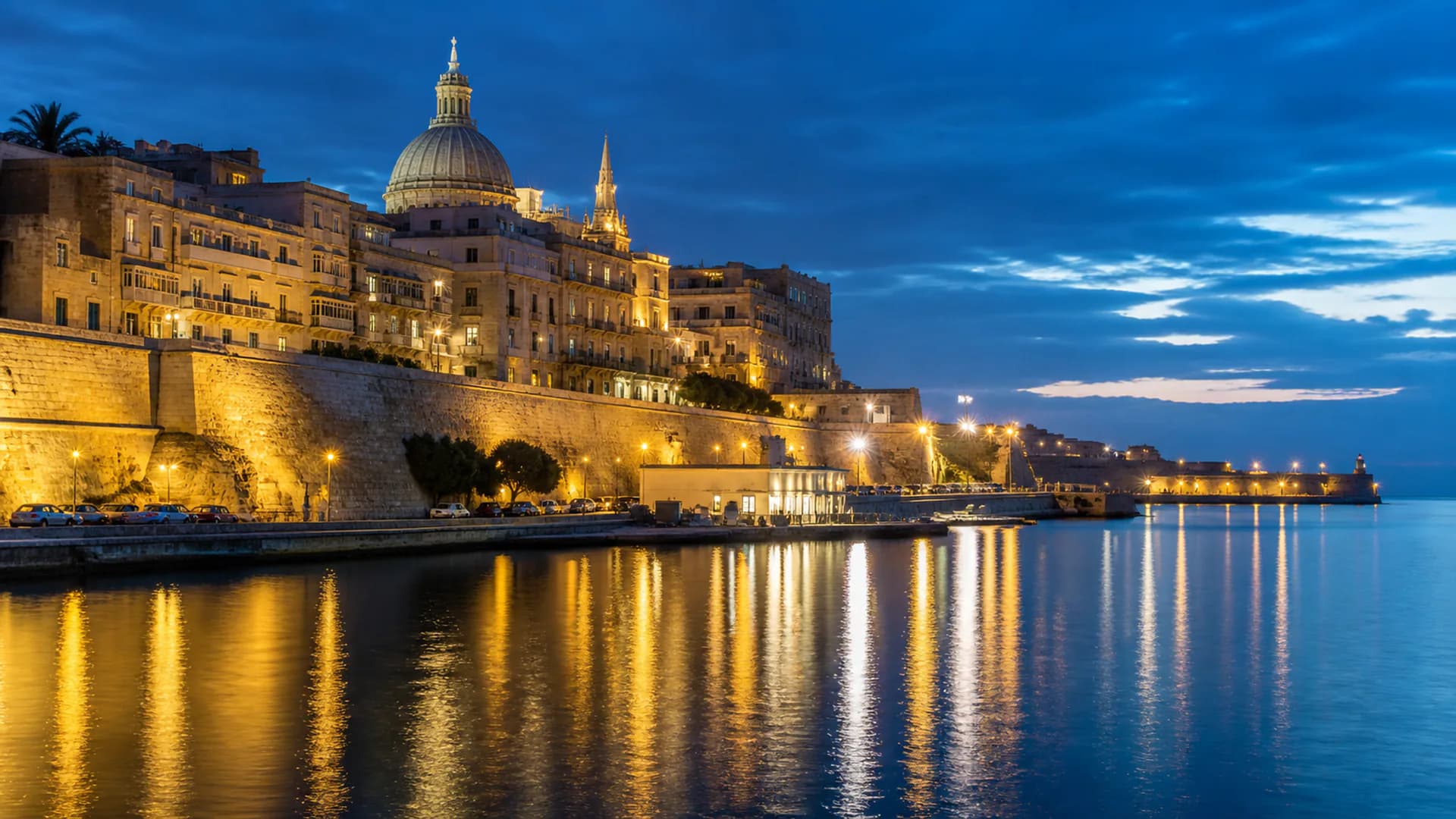 Editorial visualization of blue-hour waterfront architecture inspired by Malta